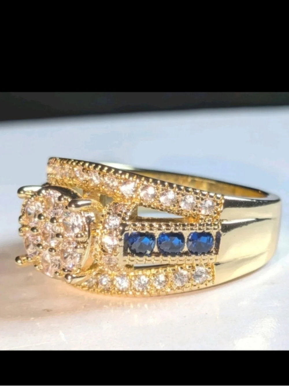 Classic Gold-Plated Blue Lab Created Sapphire Cluster Ring - Women Jewelry Sz 10